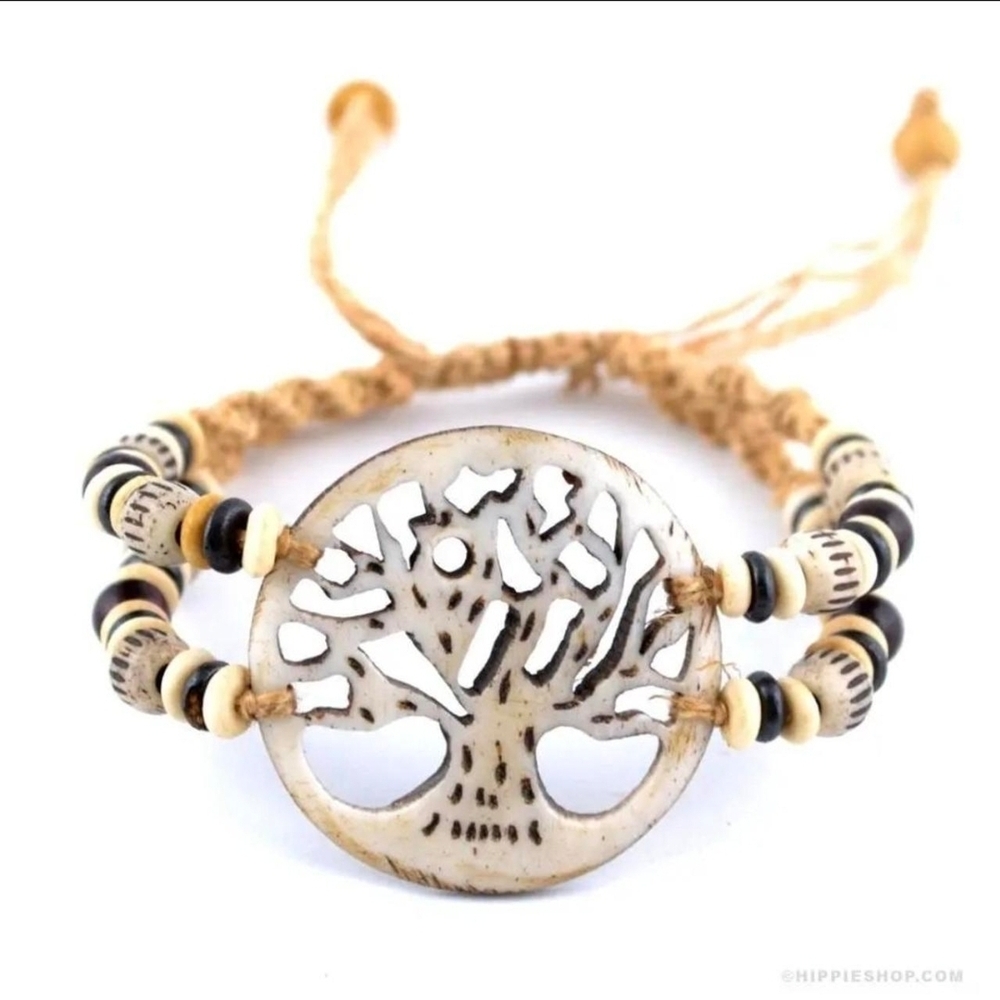 White & Black Beaded Tree of Life Bracelet – Adjustable Hemp Cord 🌳🖤🤍